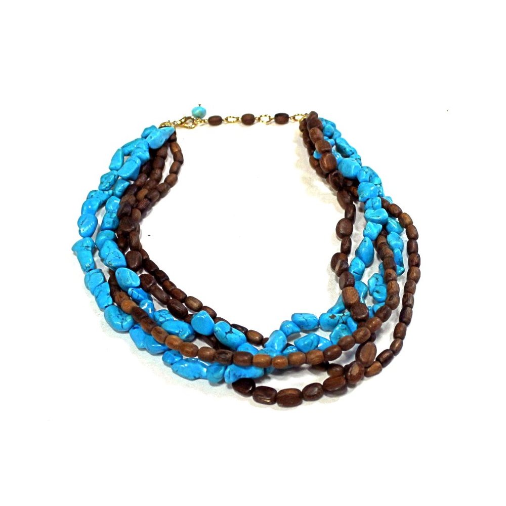 Dark Wood and Turquoise Bead Multi Strand Necklace
